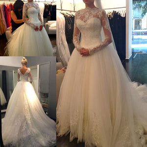 Sexy Lace Long Sleeves Backless A-Line High Neck Tulle Applique Beaded Bridal Gowns RS389