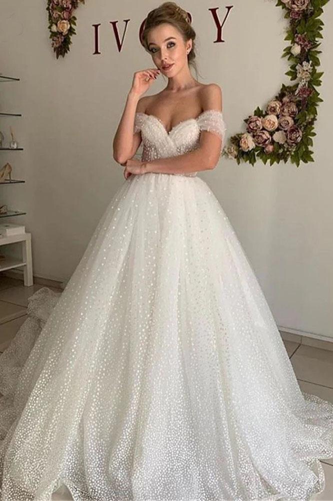 A Line Tulle Princess Wedding Dress Off the Shoulder Elegant Bridal Gowns