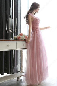 Modest Scoop Neck Tulle Pearl Detailing Lace-up Floor-length Sleeveless Prom Dresses RS632