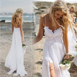 Beach Simple Casual White A-line Princess V neck Spaghetti Straps Wedding Dress RS136