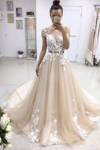 A-line Tulle Scoop White Lace Appliqued Gold Sash Short Sleeves Chapel Train Prom Dresses RS154