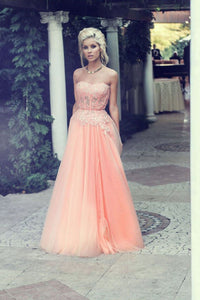 A-Line Strapless Lace Appliqued Floor-length Blush Pink Beaded Tulle Prom Dresses RS313