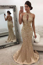 Load image into Gallery viewer, Mermaid Sleeveless Halter Sequins Golden Open Back Sweep Train Satin Prom Dresses RS556