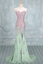 Load image into Gallery viewer, Sexy Mermaid Rhinestones Sweetheart Front Split Mint Chiffon Prom Dresses RS620