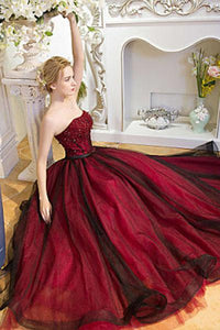 Strapless Beads Sleeveless Sweetheart Tulle Ball Gown Backless Black Burgundy Prom Dresses RS258