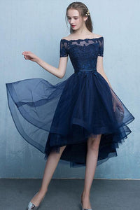 Dark Blue Lace Tulle Short Sleeve High Low Round Neck A-Line Short Prom Dresses RS408