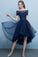 Dark Blue Lace Tulle Short Sleeve High Low Round Neck A-Line Short Prom Dresses RS408