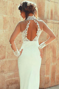 Long Sleeve Mermaid High Neck Lace Appliques Open Back Ivory Long Wedding Dresses RS145