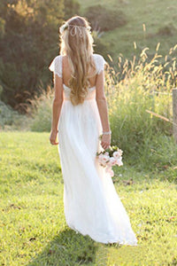 Beach A-Line Cap Sleeves Backless Lace Summer Scoop Open Back Ivory Wedding Dress RS700