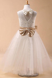 Ball Gown Jewel Sleeveless Bowknot Long Tulle Flower Girl Dresses With Sash GD00009