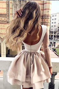 A Line High Neck Long Sleeve Pleats Open Back Satin Short Homecoming Dresses with Lace RS07