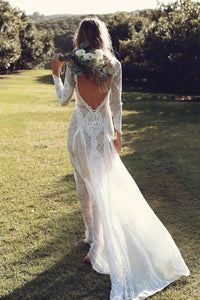 Ivory Sheath Brush Train Long Sleeve Backless Lace Wedding Dress Beach Wedding Dress RS476