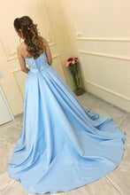 Load image into Gallery viewer, Modest A-Line Sweetheart Strapless Light Blue Sleeveless Long Prom Dresses With Lace RS230