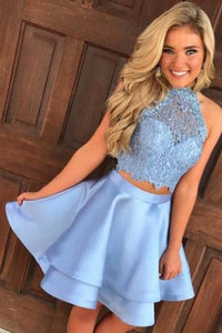 Two Piece Round Neck Short Tiered Satin Blue Open Back Homecoming Dress with Lace RS259