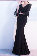 Load image into Gallery viewer, Elegant Black Lace Popular V-Neck Half Sleeve Sexy Mermaid Lace up Prom Dresses RS246
