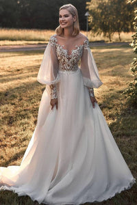 A-Line Long Sleeve Lace Appliques Tulle Wedding Dresses