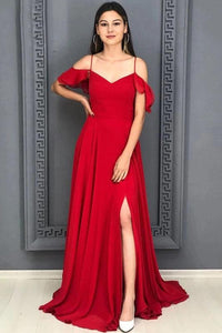 A Line Red Chiffon Prom Dresses Long Sexy Split Evening Dresses