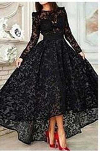 Elegant High Low Black Lace Long Sleeveless Cheap High Neck A-Line Prom Dresses RS828
