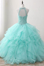 Load image into Gallery viewer, Ball Gown Long Green Sleeveless Open Back Lace up Beads High Neck Prom Dresses RS422