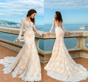 2024 White Lace Mermaid Deep V-Neck Backless Long Sleeve Wedding Dresses RS835