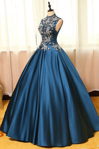 High Neck Sleeveless Appliques Ball Gown Open Back Satin Long Blue Prom Dresses RS234