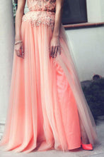 Load image into Gallery viewer, A-Line Strapless Lace Appliqued Floor-length Blush Pink Beaded Tulle Prom Dresses RS313
