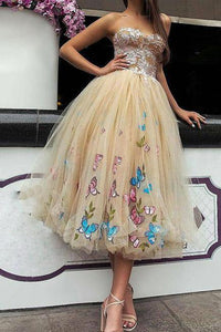Elegant Strapless Sweetheart Appliques Tulle Tea Length Prom Dresses RS992