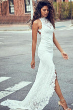 Load image into Gallery viewer, Sheath White Mermaid Round Neck Sweep Train Open Back Lace Wedding Dress with Split RS26
