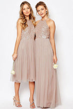 Load image into Gallery viewer, Gorgeous Glittering Top Tulle Halter Romantic Short Long Sleeveless Bridesmaid Dress RS352