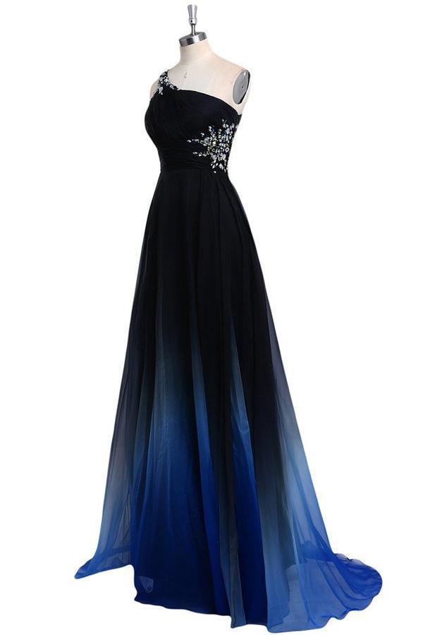 One Shoulder Blue and Black Chiffon A-Line Ombre Appliques Open Back Prom Dresses RS466