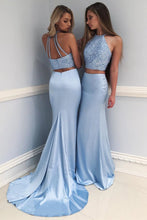 Load image into Gallery viewer, Fashion Light Blue High Neck Beading Long Two Piece Mermaid Halter Evening Dresses RS773