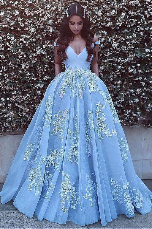 Wonderful Off-the-shoulder Ball Gown Formal Blue Lace Appliques Long Quinceanera Dresses RS119
