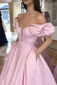 Pink Puffy Sleeves Satin Prom Dresses A Line Long Party Evening Dresses With Pockets