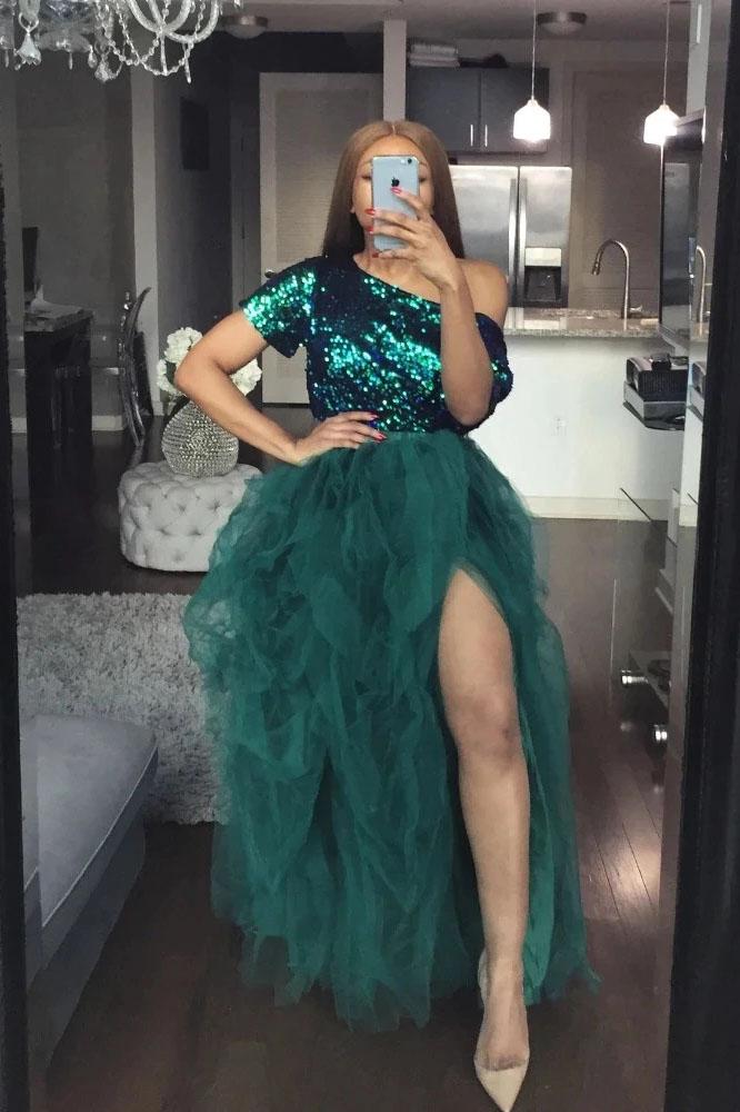High Slit Tulle Puffy A Line Prom Dresses Forest Green Long Ruffles Party Gown