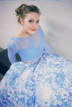 Load image into Gallery viewer, Two Piece Prom Dresses With Long Sleeves, White Blue Printed Prom Dresses
