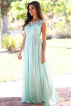Load image into Gallery viewer, Affordable A-line Scoop Neck Lace Cap Sleeve Chiffon Floor-length Prom Dresses RS472