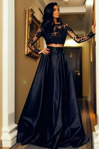 Two Piece Scoop A-Line Bateau Long Sleeves Black Floor Length Prom Dresses with Lace RS343