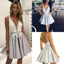 Load image into Gallery viewer, Light Lavender A-Line Deep V Neck Short Sleeveless Appliques Pleats Cheap Homecoming Dress RS210