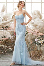Load image into Gallery viewer, Sky Blue Long Mermaid Lace Appliques Prom Dresses