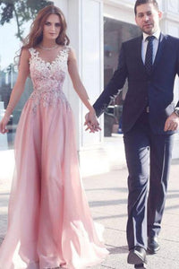 Elegant Pink Long V-Neck Appliques Sleeveless A-Line Chiffon Prom Dresses RS374