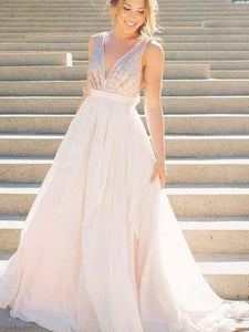A Line Pink V Neck Sequins Simple Long Cheap Chiffon Backless Sleeveless Prom Dresses RS616