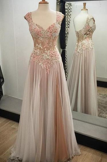Noble A-line V-neck Tulle with Appliques Lace Sweetheart Open Back Long Prom Dresses RS81