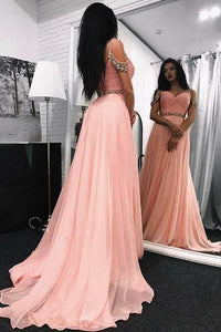 A Line Sweetheart Beads Off the Shoulder Long Chiffon Pink Prom Dresses RS369