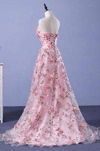 Pink A-line Sweetheart Strapless Sweep Train Floral Print Long Lace Prom Dresses with flowers RS524