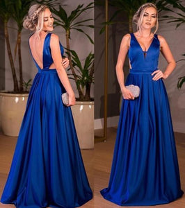 Royal Blue Satin V-neck A-line Floor-length Ruched Backless Prom Dresses RS610