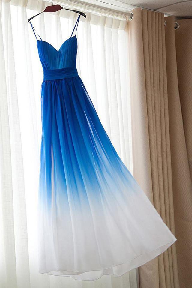Royal Blue White Ombre Long Bridesmaid Dress A-line Sweetheart Chiffon Prom Dresses RS340