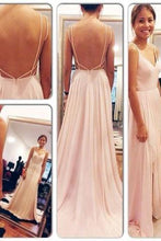 Load image into Gallery viewer, Backless Spaghetti Straps V-Neck Pink Open Back Chiffon Evening Gowns RS508