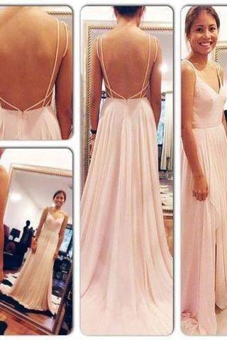 Backless Spaghetti Straps V-Neck Pink Open Back Chiffon Evening Gowns RS508