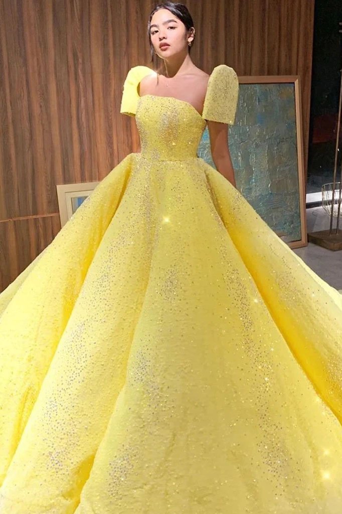 Ball Gown Sparkly Yellow Short Sleeves Prom Dresses Evening Dress