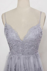 Sheath Spaghetti Straps Sweep Train Backless Lavender Tulle with Appliques Prom Dresses RS156